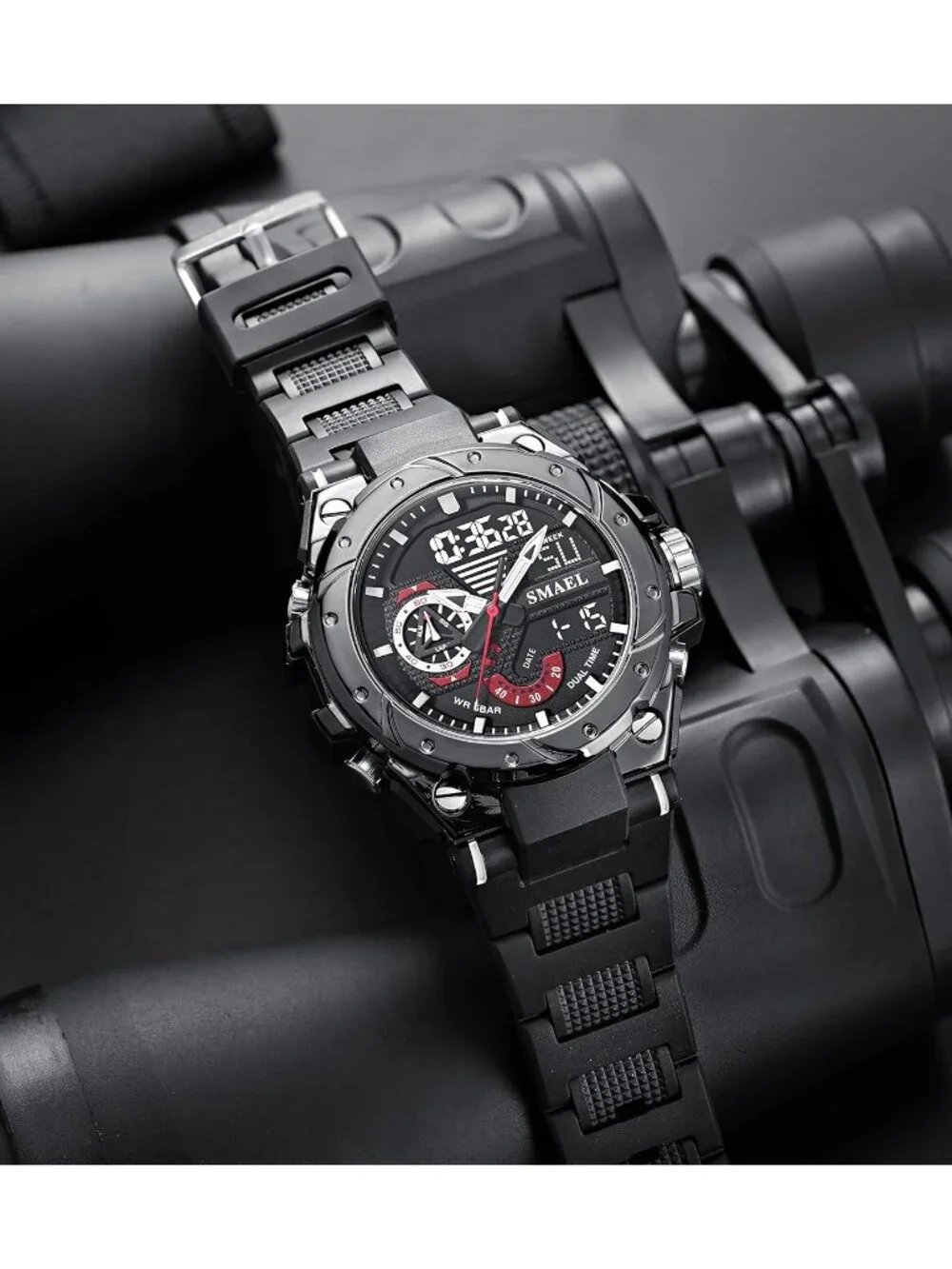 Men's Grey And Black Analog Quartz Sports Waterproof Military LED Digital Watch